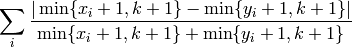 \sum_i{\frac{|\min\{x_i+1, k+1\} - \min\{y_i+1, k+1\}|}
   {\min\{x_i+1, k+1\} + \min\{y_i+1, k+1\}}}